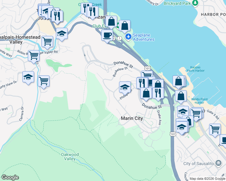 map of restaurants, bars, coffee shops, grocery stores, and more near 6 Buckelew Street in Sausalito