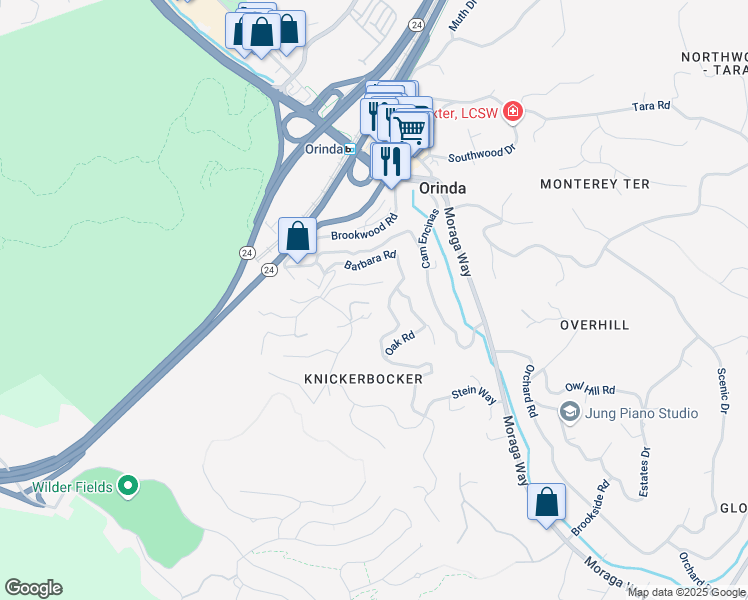 map of restaurants, bars, coffee shops, grocery stores, and more near 100 Lucille Way in Orinda