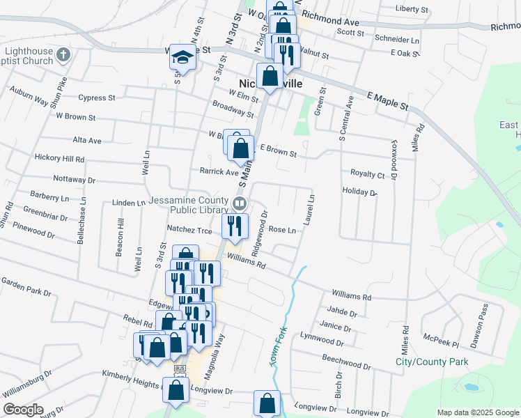 map of restaurants, bars, coffee shops, grocery stores, and more near 205 Ridgewood Drive in Nicholasville