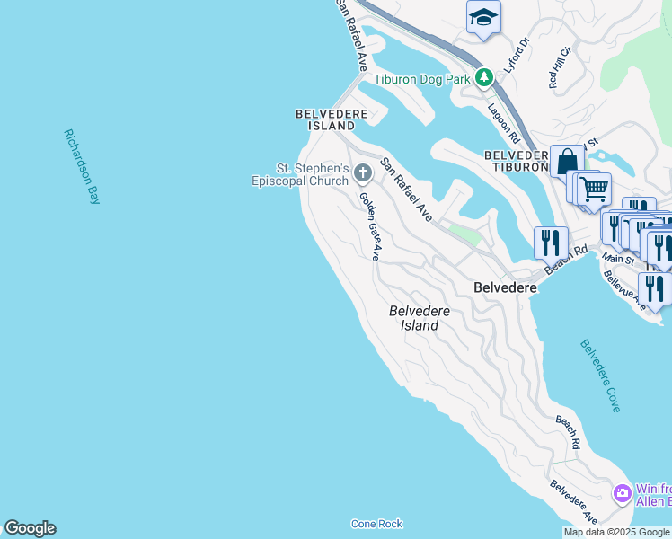 map of restaurants, bars, coffee shops, grocery stores, and more near 4 Pelican Point Road in Belvedere