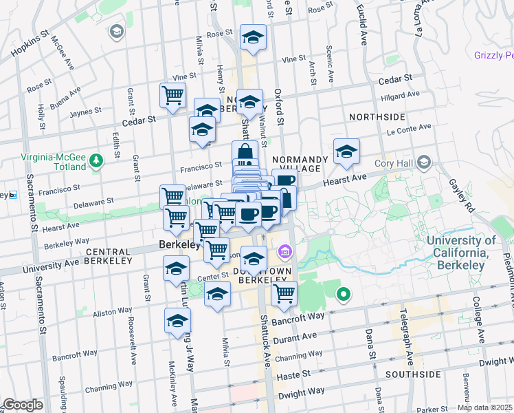 map of restaurants, bars, coffee shops, grocery stores, and more near 2100 Berkeley Way in Berkeley