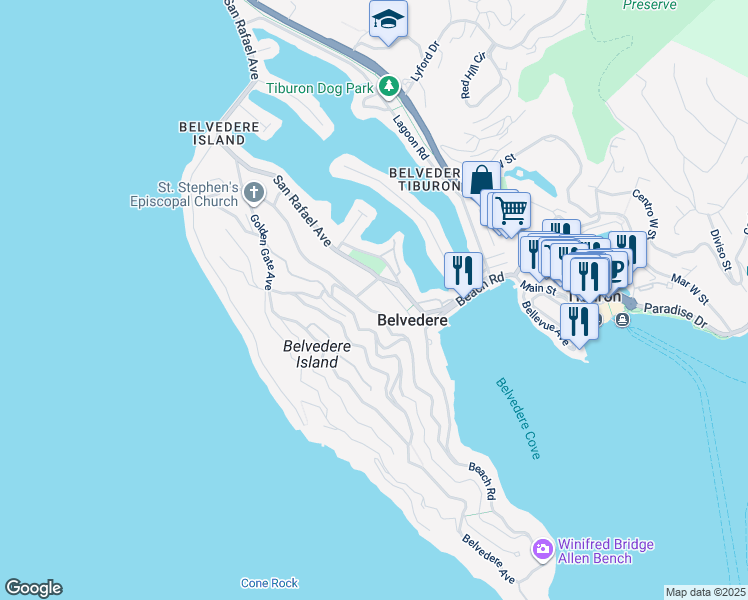 map of restaurants, bars, coffee shops, grocery stores, and more near 16 Laurel Avenue in Belvedere