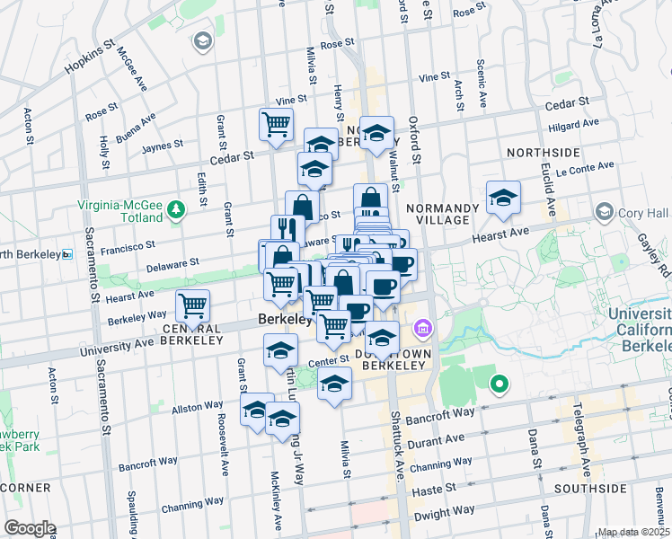 map of restaurants, bars, coffee shops, grocery stores, and more near 1904 Milvia Street in Berkeley