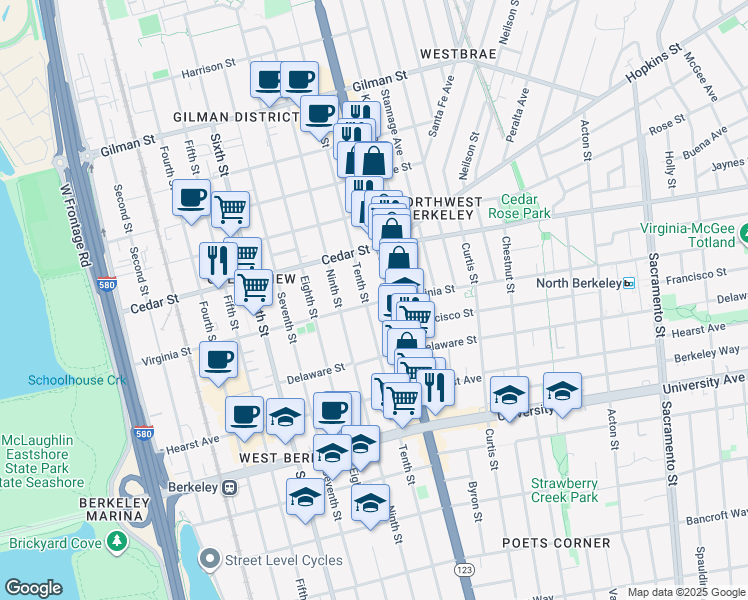 map of restaurants, bars, coffee shops, grocery stores, and more near 1646 Tenth Street in Berkeley
