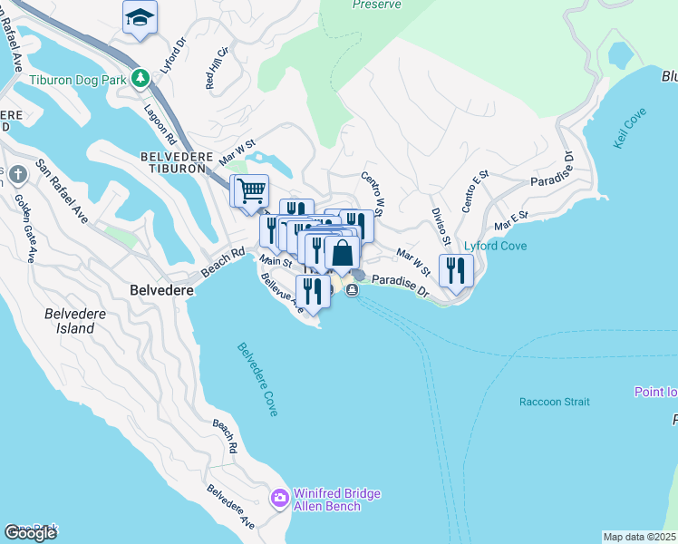map of restaurants, bars, coffee shops, grocery stores, and more near 1 Main Street in Tiburon