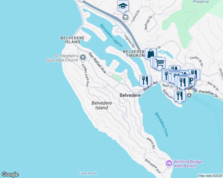 map of restaurants, bars, coffee shops, grocery stores, and more near 2 Bella Vista Avenue in Belvedere