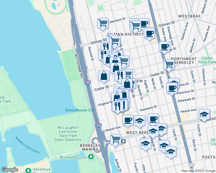 map of restaurants, bars, coffee shops, grocery stores, and more near 704 Cedar Street in Berkeley