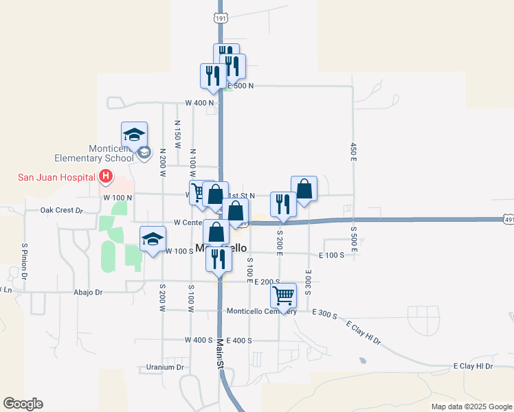 map of restaurants, bars, coffee shops, grocery stores, and more near 64 North 100 East in Monticello