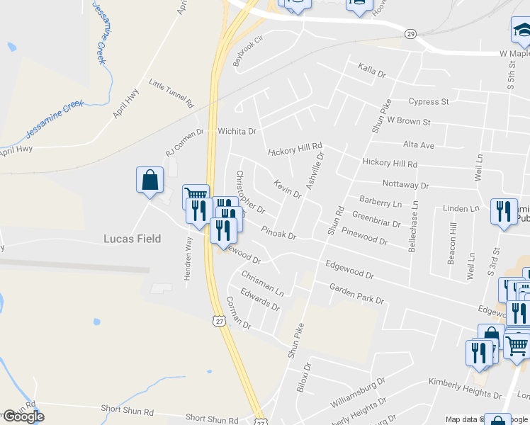 map of restaurants, bars, coffee shops, grocery stores, and more near 109 Christopher Drive in Nicholasville