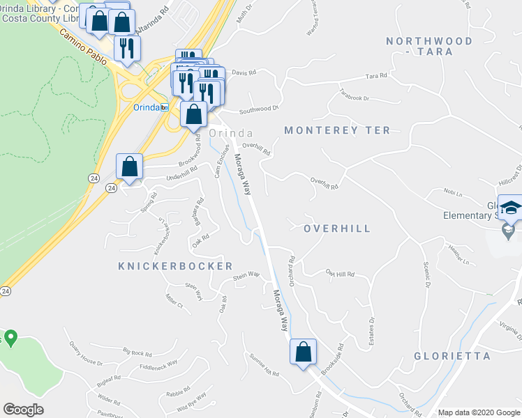 map of restaurants, bars, coffee shops, grocery stores, and more near 123 Moraga Way in Orinda