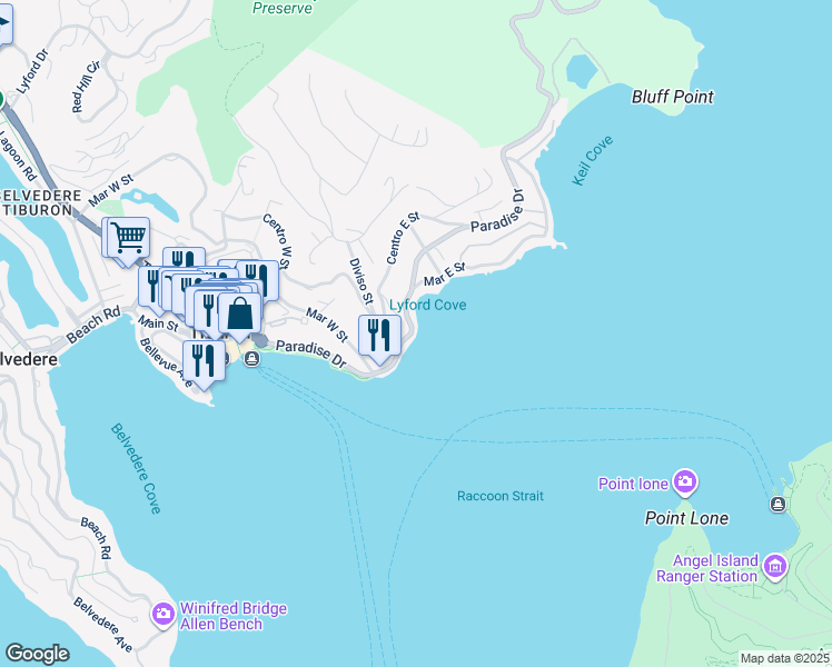 map of restaurants, bars, coffee shops, grocery stores, and more near 2036 Paradise Drive in Tiburon