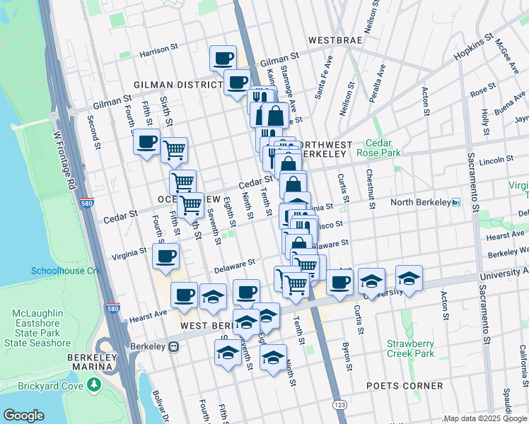 map of restaurants, bars, coffee shops, grocery stores, and more near 1646 Tenth Street in Berkeley