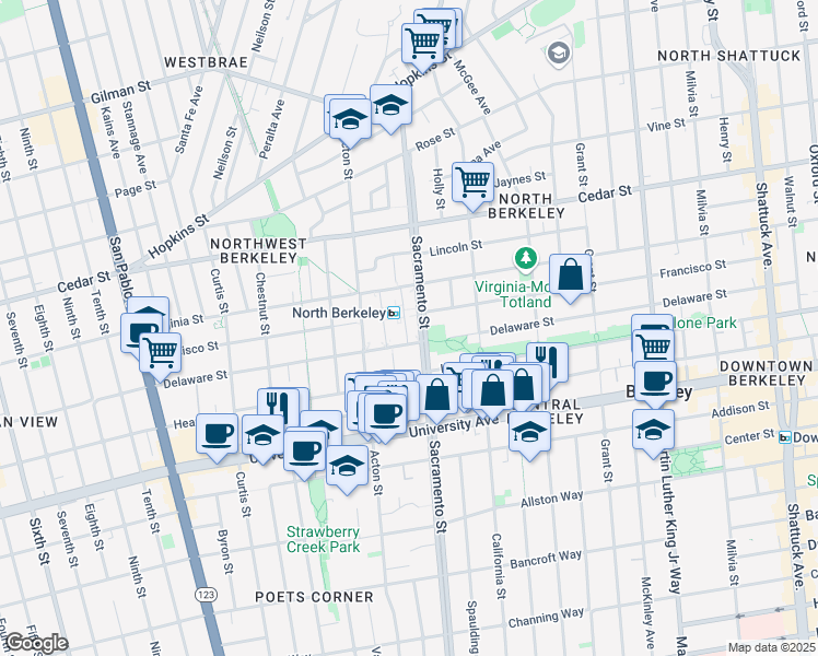 map of restaurants, bars, coffee shops, grocery stores, and more near 1429 Delaware Street in Berkeley