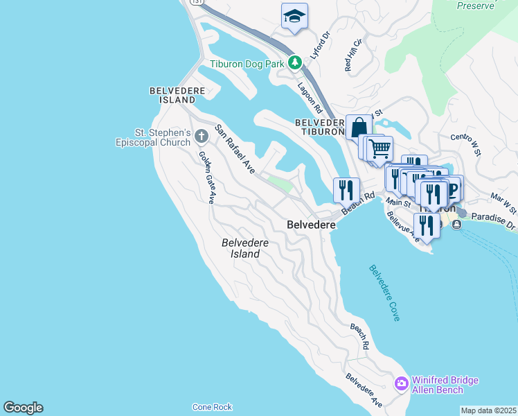 map of restaurants, bars, coffee shops, grocery stores, and more near 2 Bella Vista Avenue in Belvedere