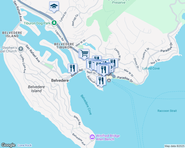 map of restaurants, bars, coffee shops, grocery stores, and more near Eastview Avenue & Alcatraz Avenue in Belvedere Tiburon