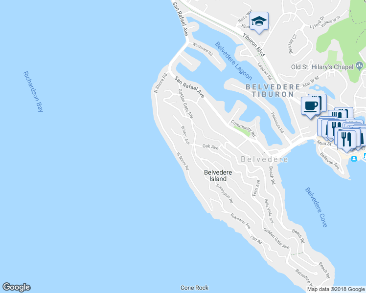 map of restaurants, bars, coffee shops, grocery stores, and more near 4 Pelican Point Road in Belvedere