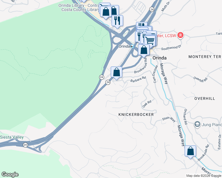 map of restaurants, bars, coffee shops, grocery stores, and more near 1 Wildwood Road in Orinda