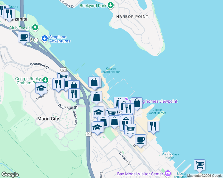 map of restaurants, bars, coffee shops, grocery stores, and more near 14 Issaquah Dock in Sausalito
