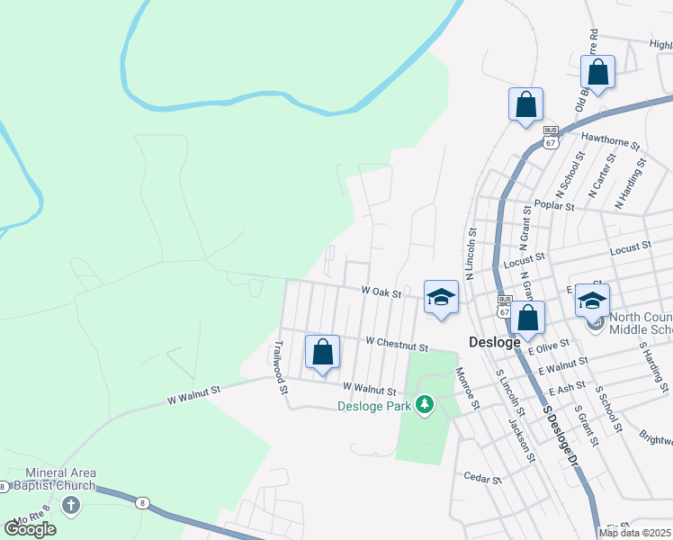 map of restaurants, bars, coffee shops, grocery stores, and more near 821 West Oak Street in Desloge
