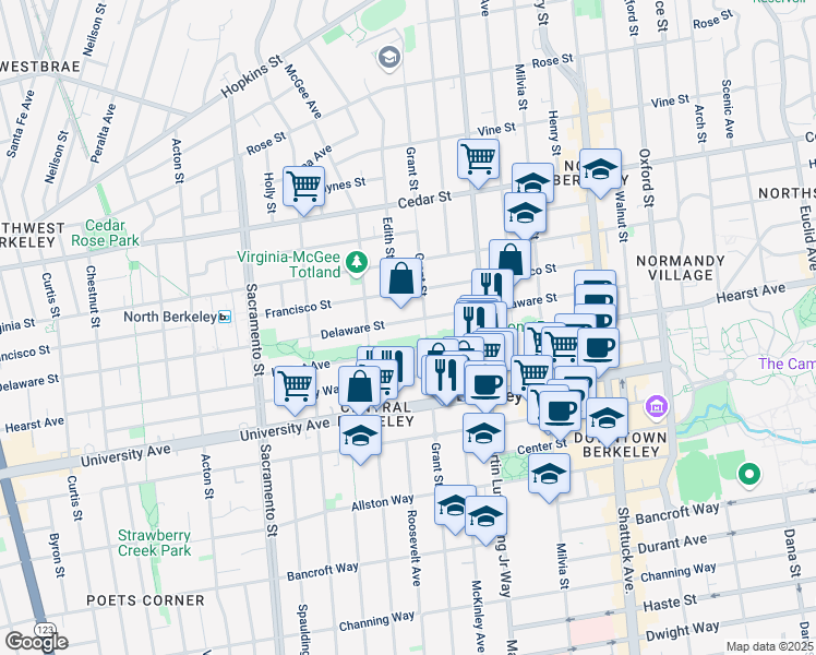 map of restaurants, bars, coffee shops, grocery stores, and more near 1734 Delaware Street in Berkeley