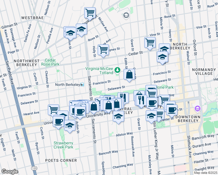 map of restaurants, bars, coffee shops, grocery stores, and more near 1601 Delaware Street in Berkeley