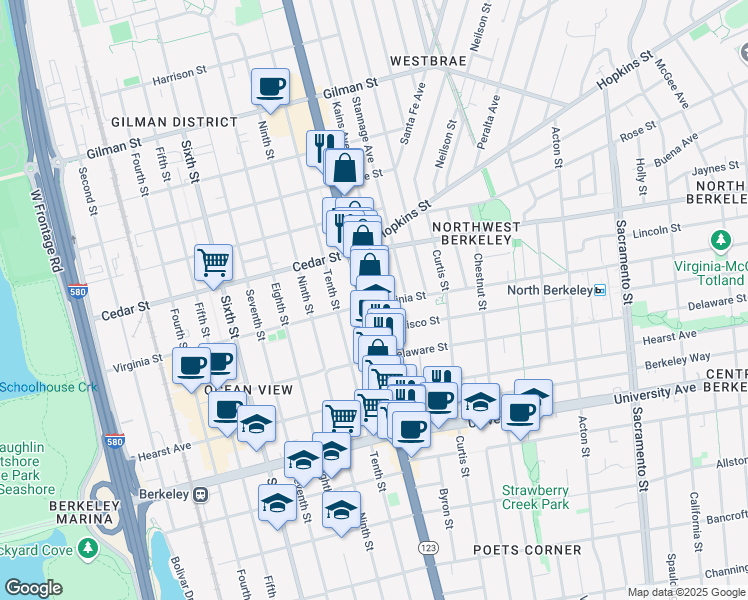 map of restaurants, bars, coffee shops, grocery stores, and more near 1659 San Pablo Avenue in Berkeley
