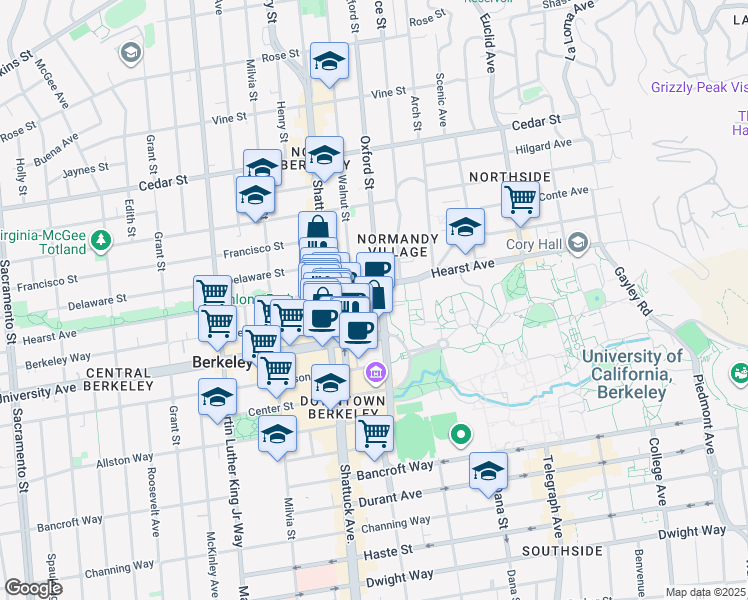 map of restaurants, bars, coffee shops, grocery stores, and more near in Berkeley