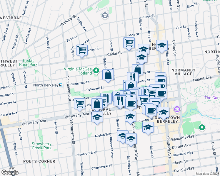map of restaurants, bars, coffee shops, grocery stores, and more near 1734 Delaware Street in Berkeley