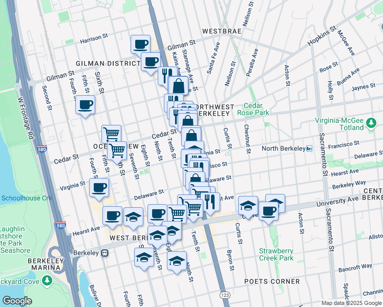 map of restaurants, bars, coffee shops, grocery stores, and more near 1659 San Pablo Avenue in Berkeley