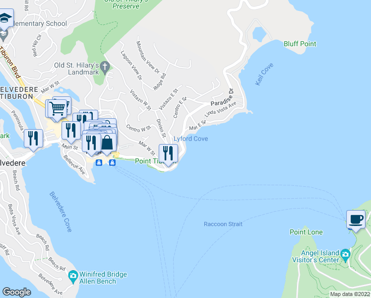 map of restaurants, bars, coffee shops, grocery stores, and more near 1 Tower Point Lane in Tiburon