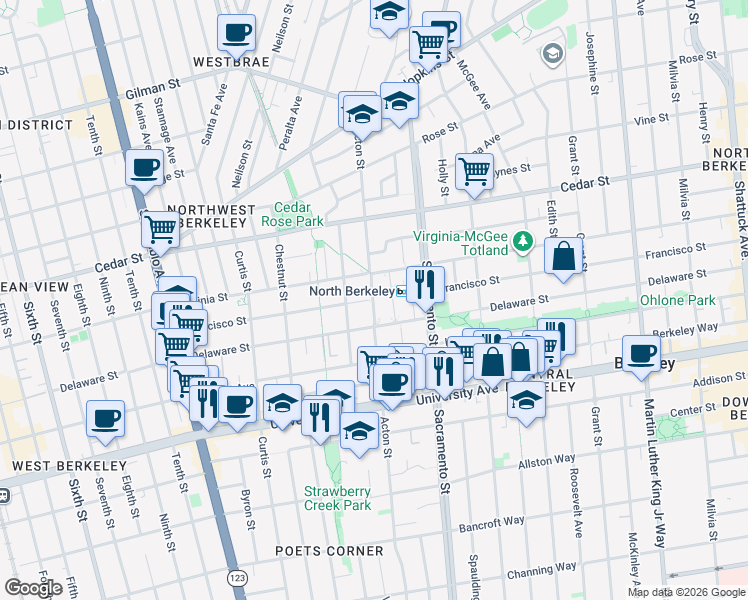 map of restaurants, bars, coffee shops, grocery stores, and more near 1721 Acton Street in Berkeley