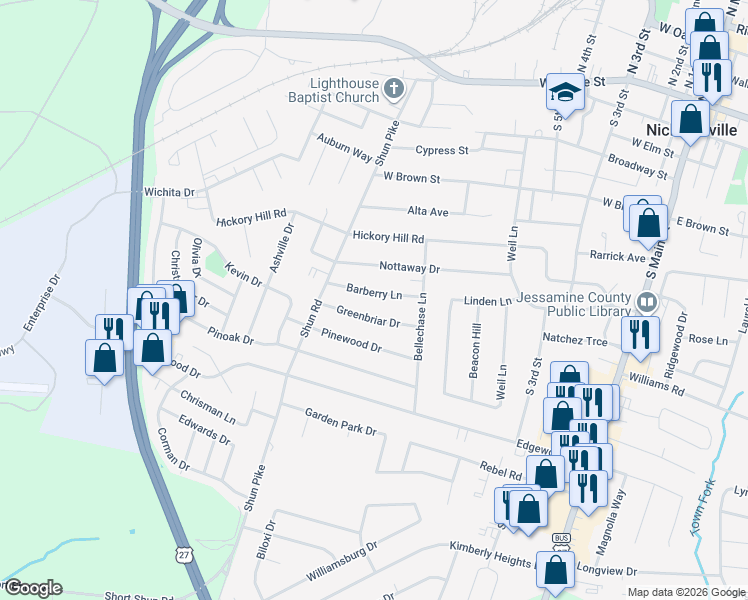 map of restaurants, bars, coffee shops, grocery stores, and more near 506 Barberry Lane in Nicholasville