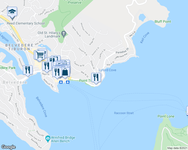 map of restaurants, bars, coffee shops, grocery stores, and more near 1980 Centro West Street in Belvedere Tiburon