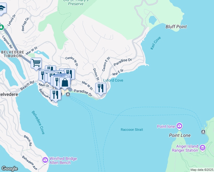 map of restaurants, bars, coffee shops, grocery stores, and more near 1 Tower Point Lane in Tiburon