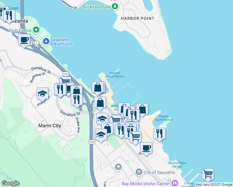map of restaurants, bars, coffee shops, grocery stores, and more near 14 Issaquah Dock in Sausalito