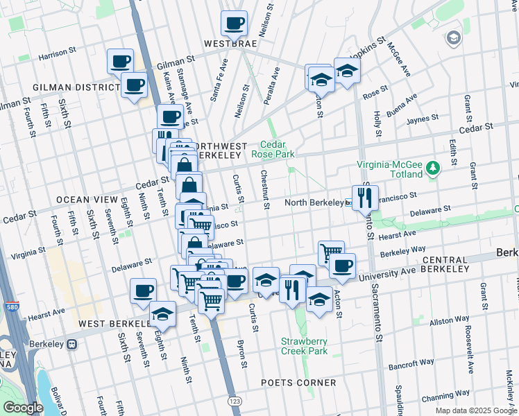 map of restaurants, bars, coffee shops, grocery stores, and more near 1729 Chestnut Street in Berkeley