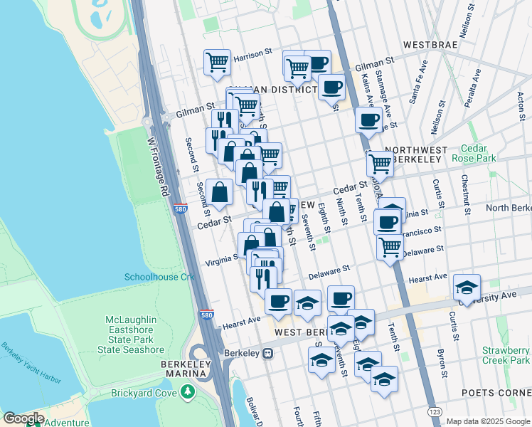 map of restaurants, bars, coffee shops, grocery stores, and more near 1610 Fifth Street in Berkeley