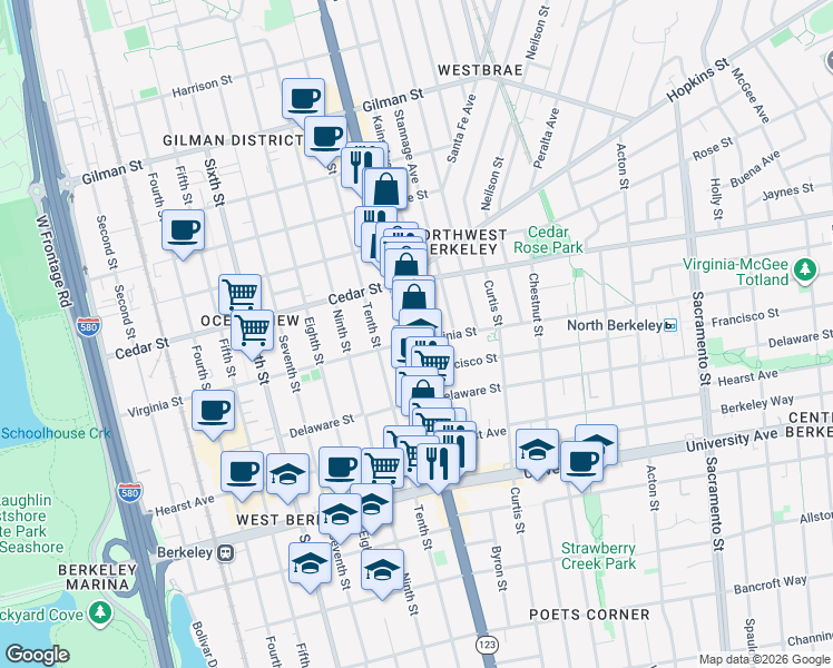 map of restaurants, bars, coffee shops, grocery stores, and more near 1659 San Pablo Avenue in Berkeley
