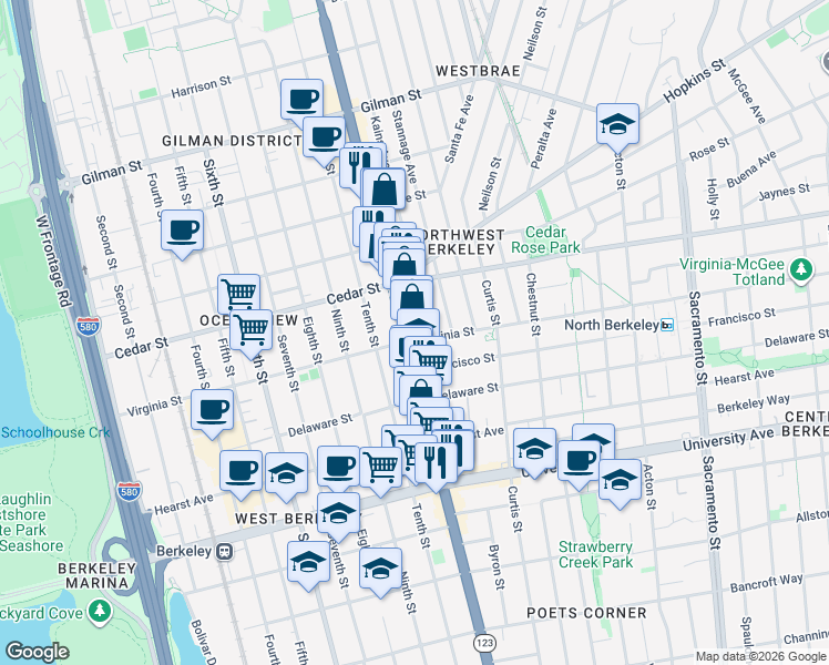 map of restaurants, bars, coffee shops, grocery stores, and more near 1659 San Pablo Avenue in Berkeley