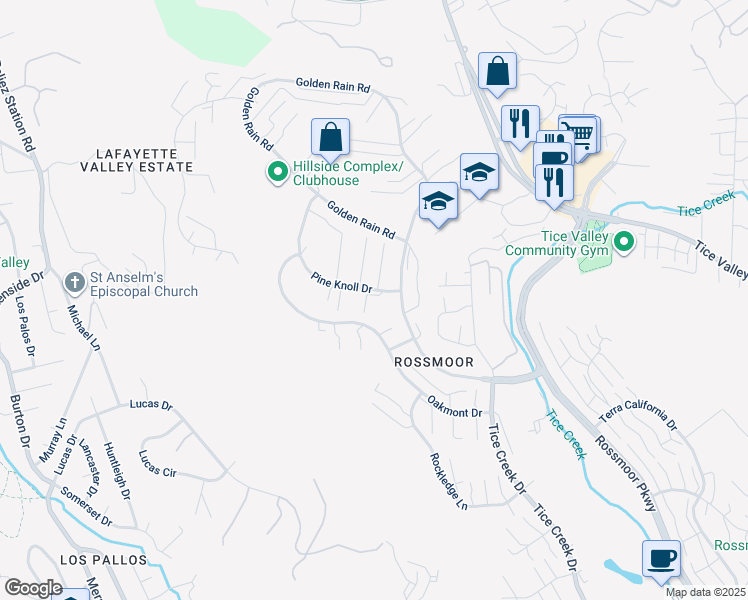 map of restaurants, bars, coffee shops, grocery stores, and more near 2100 Pine Knoll Drive in Walnut Creek