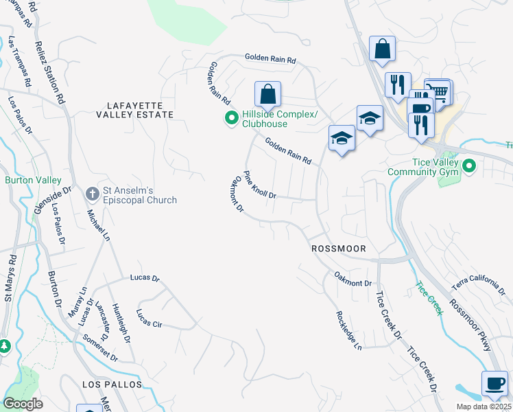 map of restaurants, bars, coffee shops, grocery stores, and more near 1600 Oakmont Drive in Walnut Creek