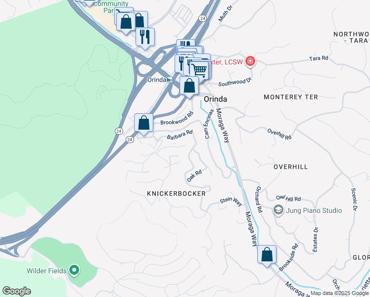 map of restaurants, bars, coffee shops, grocery stores, and more near 72 Longridge Road in Orinda