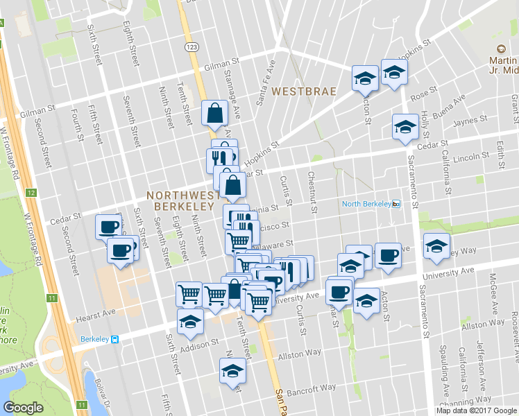 map of restaurants, bars, coffee shops, grocery stores, and more near 1145 Virginia Street in Berkeley