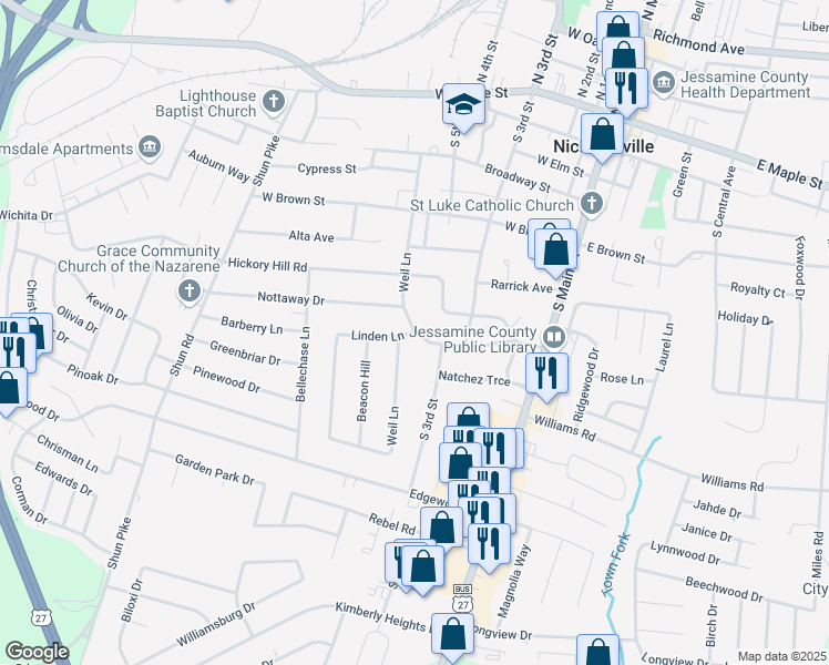 map of restaurants, bars, coffee shops, grocery stores, and more near 206 Linden Lane in Nicholasville