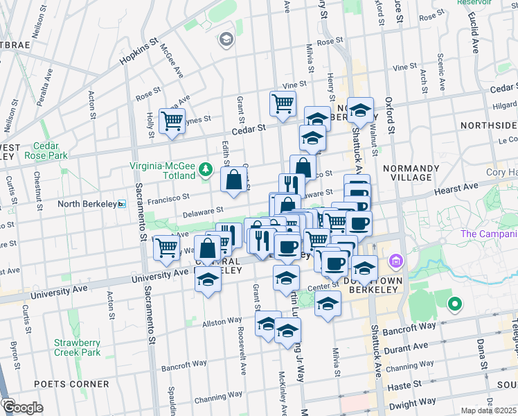 map of restaurants, bars, coffee shops, grocery stores, and more near 1812 Delaware Street in Berkeley