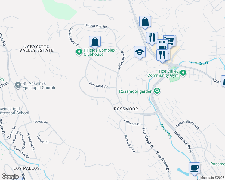 map of restaurants, bars, coffee shops, grocery stores, and more near 2100 Pine Knoll Drive in Walnut Creek