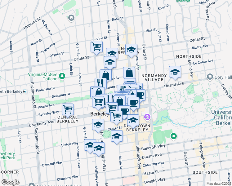 map of restaurants, bars, coffee shops, grocery stores, and more near 1904 Milvia Street in Berkeley