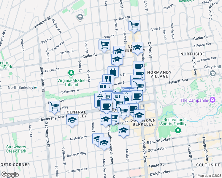 map of restaurants, bars, coffee shops, grocery stores, and more near 1912 Hearst Avenue in Berkeley