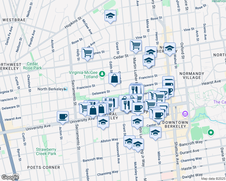 map of restaurants, bars, coffee shops, grocery stores, and more near 1716 Delaware Street in Berkeley