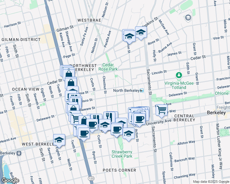 map of restaurants, bars, coffee shops, grocery stores, and more near 1255 Francisco Street in Berkeley